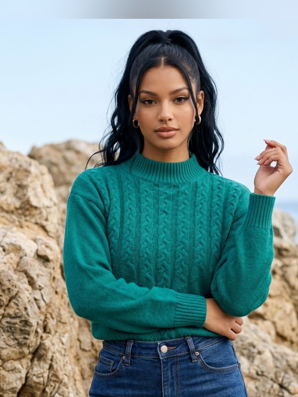 Women's Vintage 80s/90s BUCCANEER Emerald Green Cable Knit Crew Neck Sweater M